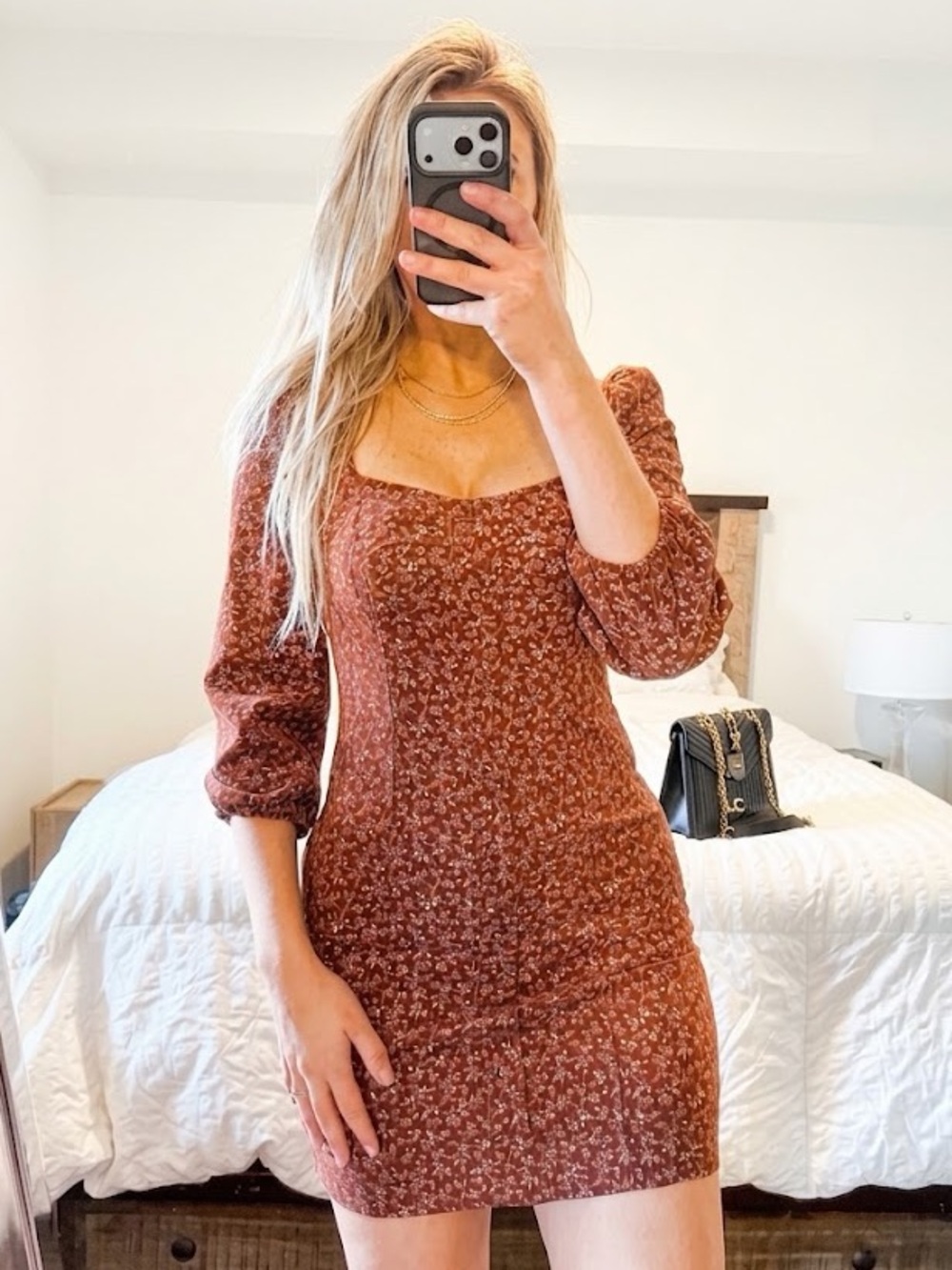 Veronica Beard Rust Floral Square-Neck Mini Dress